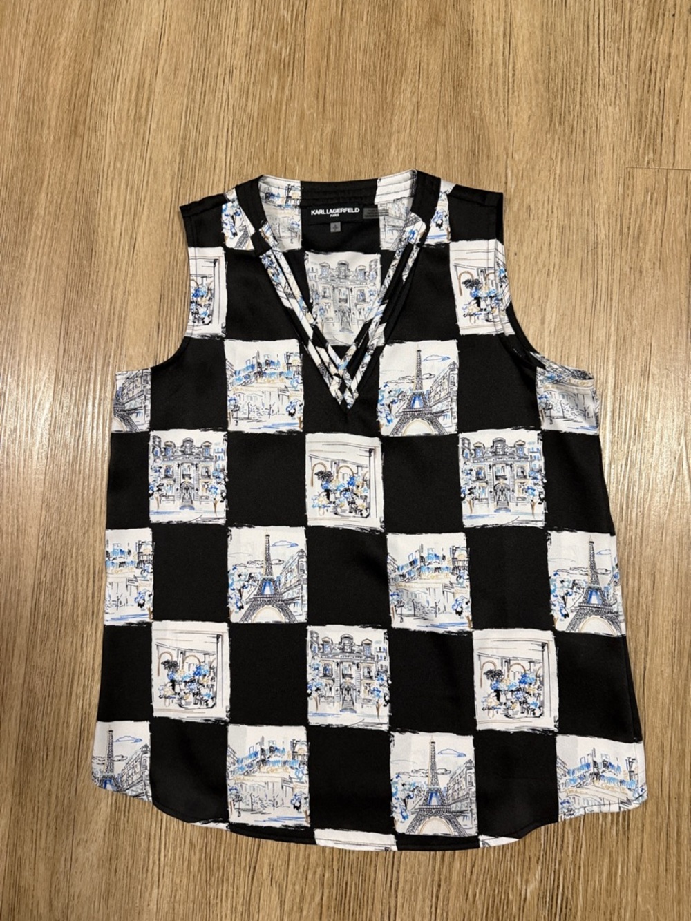 Karl Lagerfeld Black, White & Blue Checkerboard V-Neck Sleeveless Top S